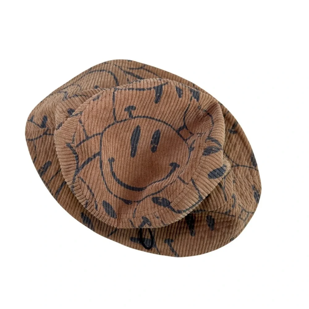 Kids Brown Corduroy Smiley Face‎ Bucket Hat Adjustable Toggle Size S